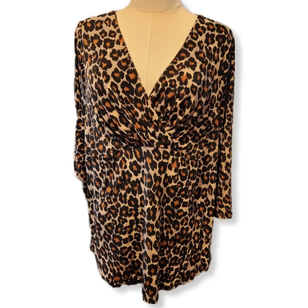 Alfani Woman 3/4 Sleeve Draped V-neck Criss-Cross Detail Leopard Top W-887